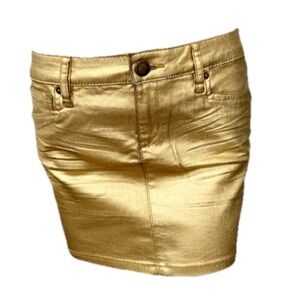 BCBGGeneration Gold Metallic Mini Skirt Size 25 Shiny Faux Leather Denim Style